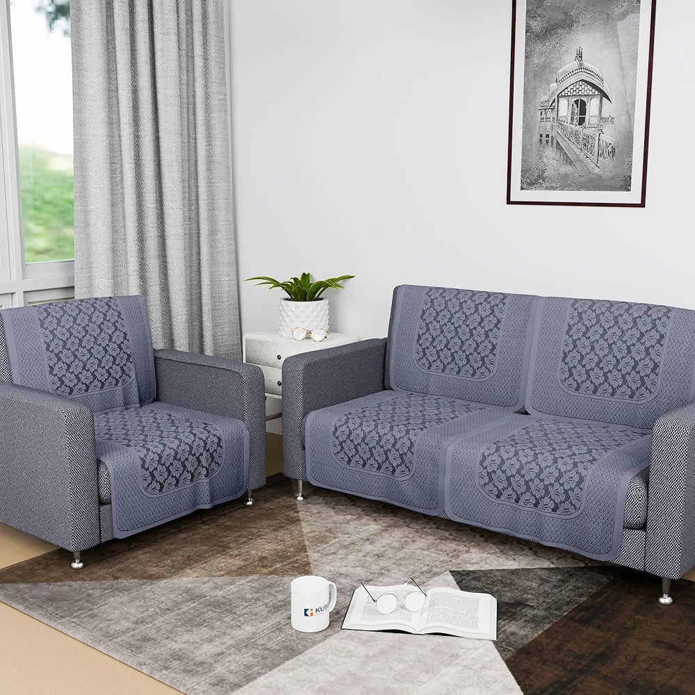 Kuber Industries Net 2+1 Seater Sofa Slip Cover Couch Cover Plain Leonardo Flower Print Grey