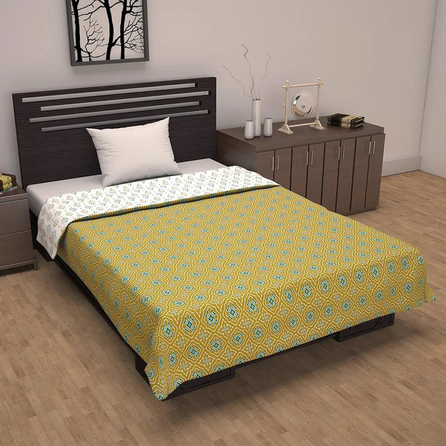Divine Casa 120 GSM Cotton Reversible Dohar Single Bed Size Jaipuri Abstract Printed Cotton Blanket TC - 120 Colour Warm Olive and White