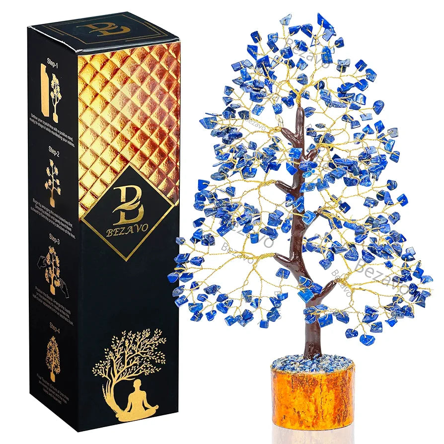Bezavo Lapis Lazuli Crystal Tree for Home & Office Golden Wire