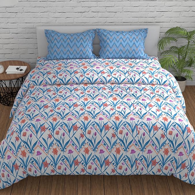 Huesland by Ahmedabad Cotton 144 TC Bedsheet for King Size Bed with 2 Pillow Covers | Botanical Chevron | Blue, Yellow & White