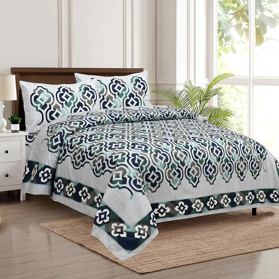 Kuber Industries Double Bedsheet with 2 Pillow Covers 160 TC Premium Cotton Rusty Star Flower Green