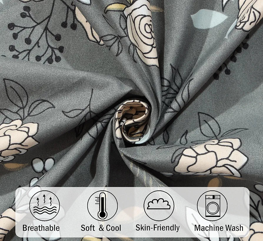 Fresh From Loom Single Bed Microfiber Bedsheet with Floral Print 240 TC 1 Pillow Covers Rose-Oslo-Grey