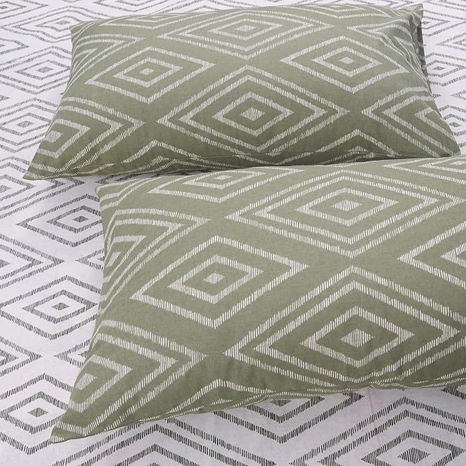 Huesland by Ahmedabad Cotton 144 TC Cotton Bedsheet for Double Bed King Size with 2 Pillow Covers | White & Sage Green
