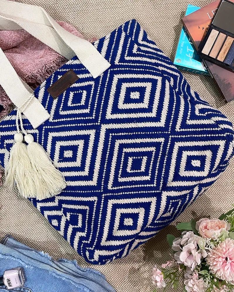 Astrid Blue Diamond Textured Cotton Tote Bag