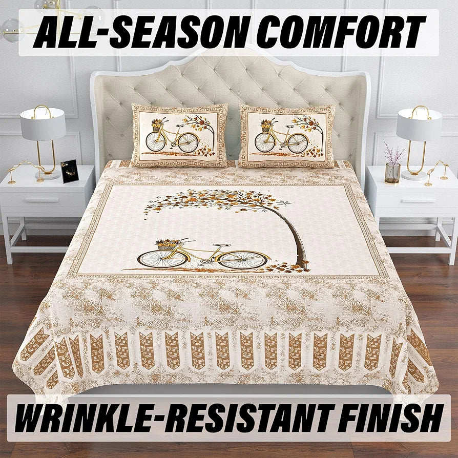 Kuber Industries Double Bedsheet with 2 Pillow Covers 160 TC Premium Cotton Photo Frame Cycle Brown