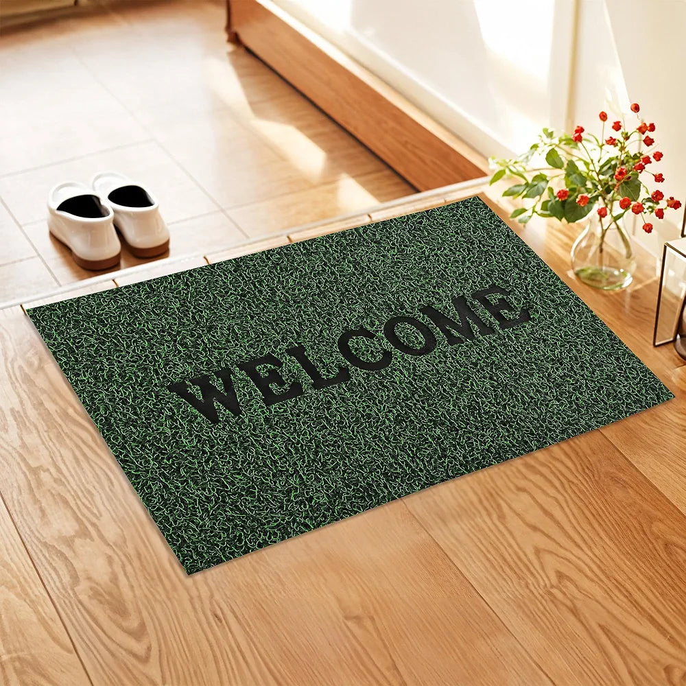 Kuber Industries Anti-Slip Welcome Print Grass Door Mats for Home Green