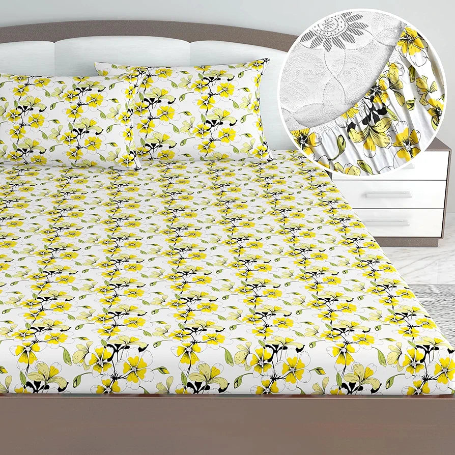 Divine Casa Floret 100% Cotton King Fitted Bedsheet 144 TC Deep Pocket Design Soft & Breathable Fabric Colour Daffodil Yellow
