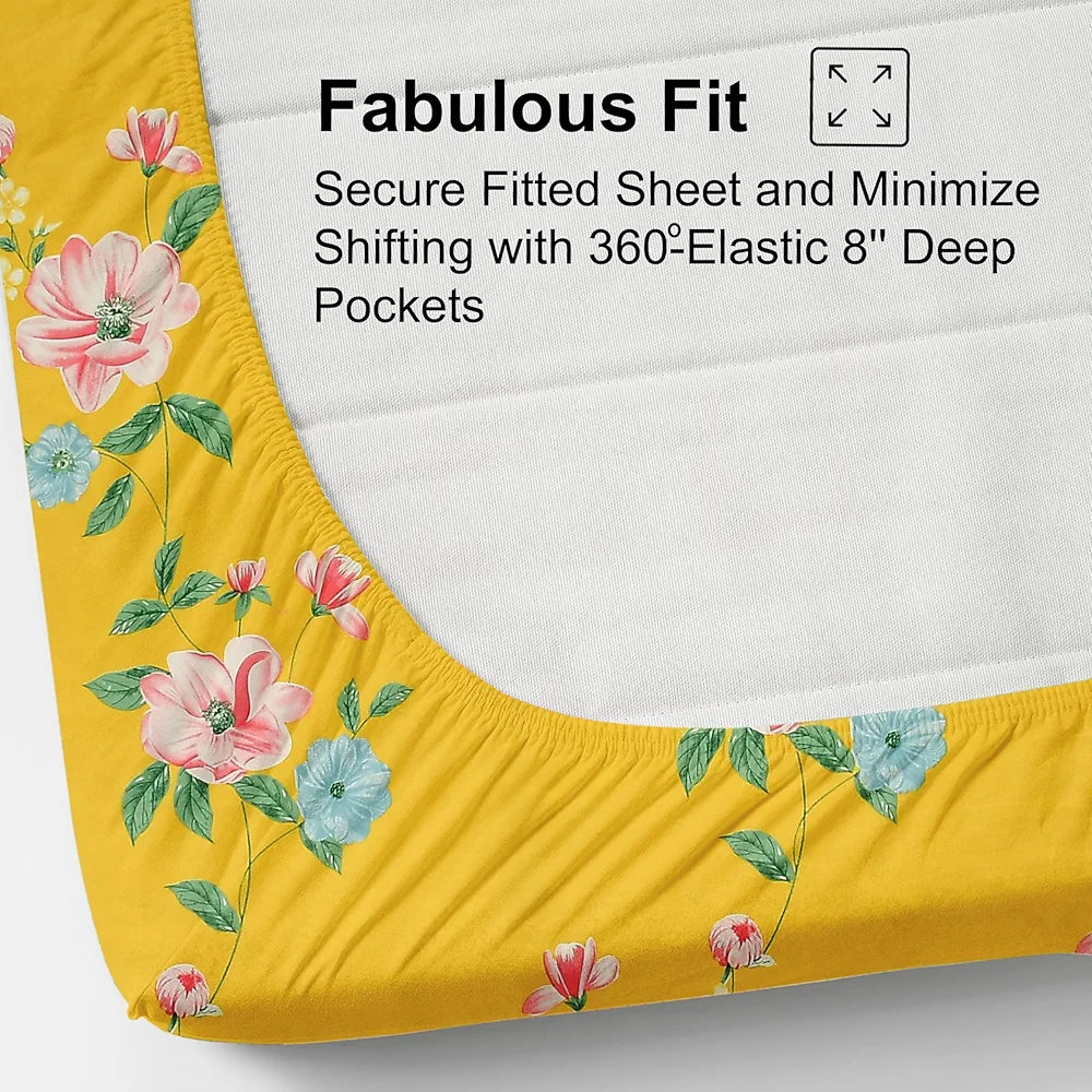 Fresh From Loom Hypoallergenic King Size Floral Print Bedsheet Set 240 TC Includes 2 Pillow Covers Daisy-Yellow