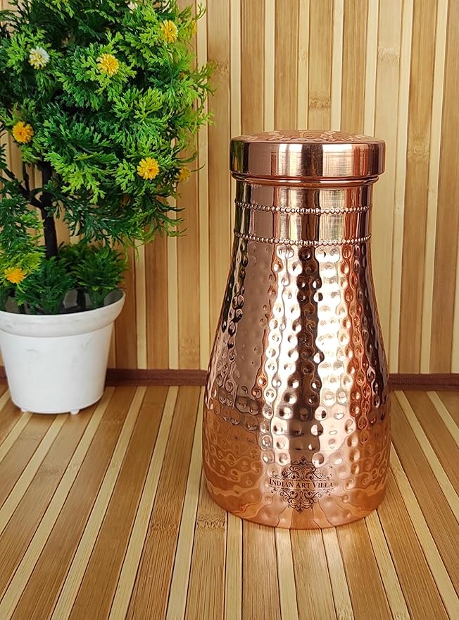 Indian Art Villa Pure Copper Bedroom Water Bottle With Inbuilt Glass Hammered Shine Design