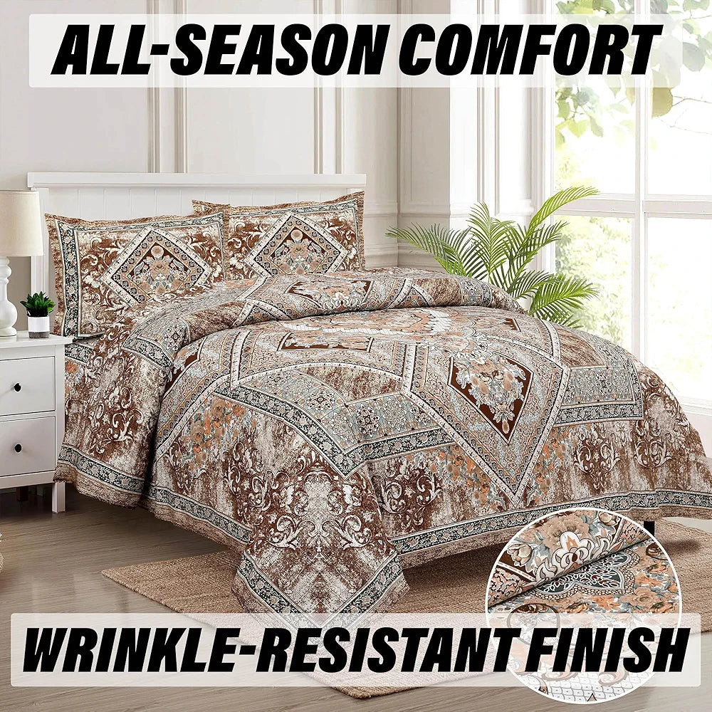 Kuber Industries Double Bedsheet with 2 Pillow Covers 186 TC Premium Cotton Arabic Beauty Flower Square Brown