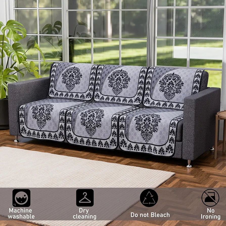 Kuber Industries Set of 10 Net Anti-Skid Sofa Cover 5-Seater Floral Print Black & Grey