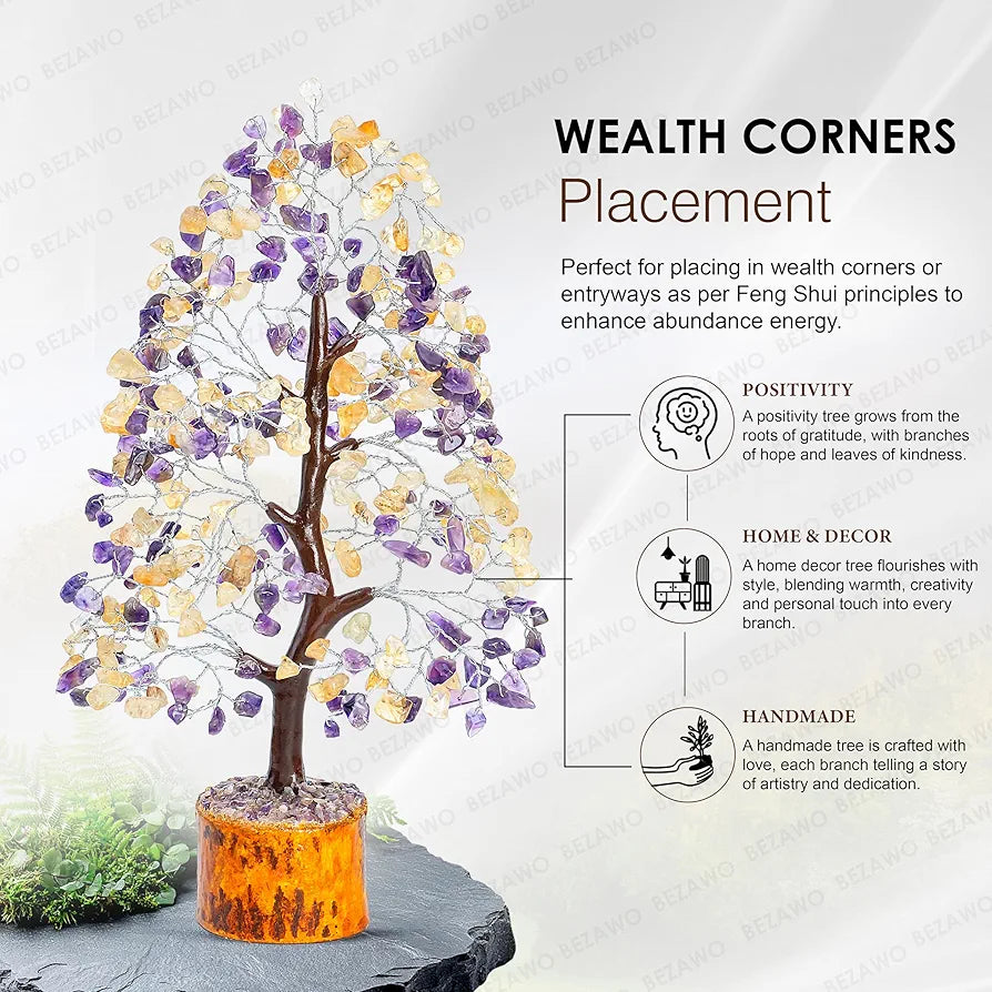 Bezavo Amethyst & Citrine Crystal Tree Feng Shui Seven Chakra Energy Tree – 10-12 Inch