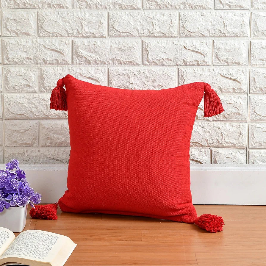 Sashaa World 100% Cotton Cushion Covers Colour Red With Tassels/decorative Throw Pillow( Set Of 2)