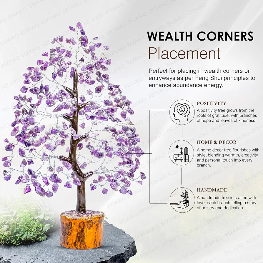 Bezavo Amethyst Gemstone Crystal Tree – Good Luck Showpiece for Home Decor Bonsai Money Tree for Prosperity & Decoration – 10-12 Inch