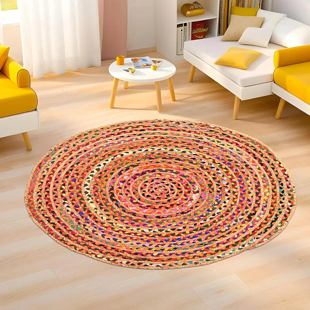 Kuber Industries 4x4 Feet Satranji Doubling Round Jute Rug & Carpet for Home & Bedroom Lines Pink