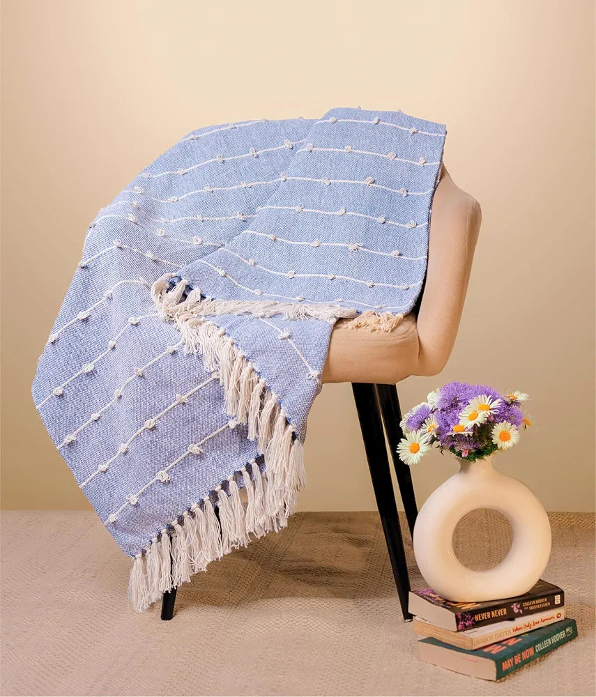 Sajavat Home Hand Knitted Pure Cotton 3 Seater Sofa Throw Colour Blue