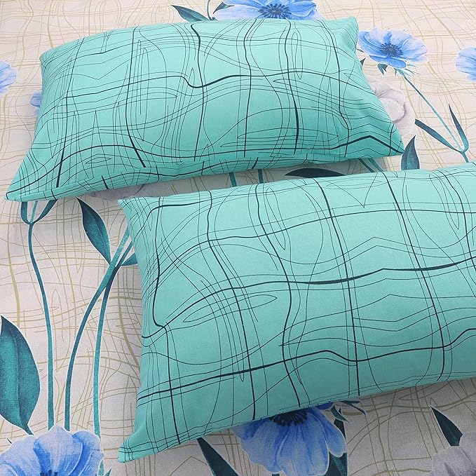 Huesland by Ahmedabad Cotton 144 TC Bedsheet for King Size Bed with 2 Pillow Covers | Tame Teal & Blue