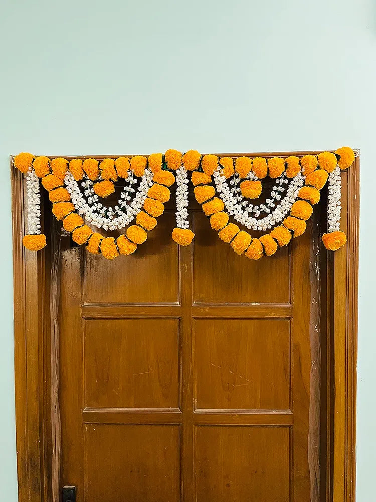Artificial Marigold Fluffy Flowers Garlands Door Toran Set/Door Hangings Light orange with Jasmine and leaves