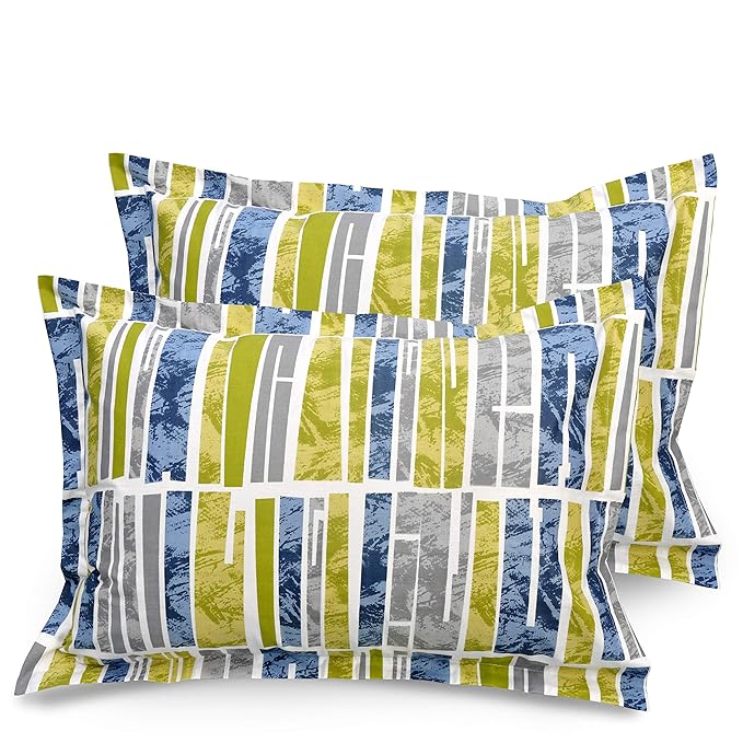 Huesland by Ahmedabad Cotton 144 TC Cotton King Size Bedsheet with 2 Pillow Covers - Blue, Green & Grey