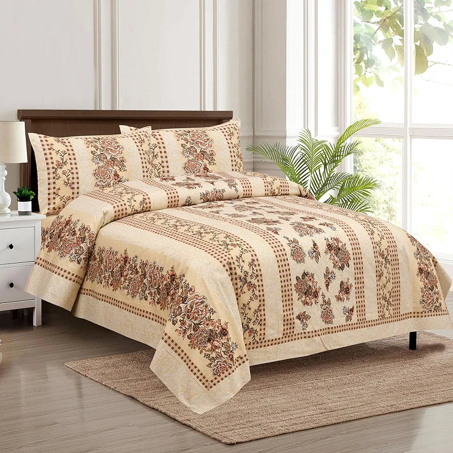 Kuber Industries Double Bedsheet with 2 Pillow Covers 160 TC Premium Cotton Spain Flower Lining Cream