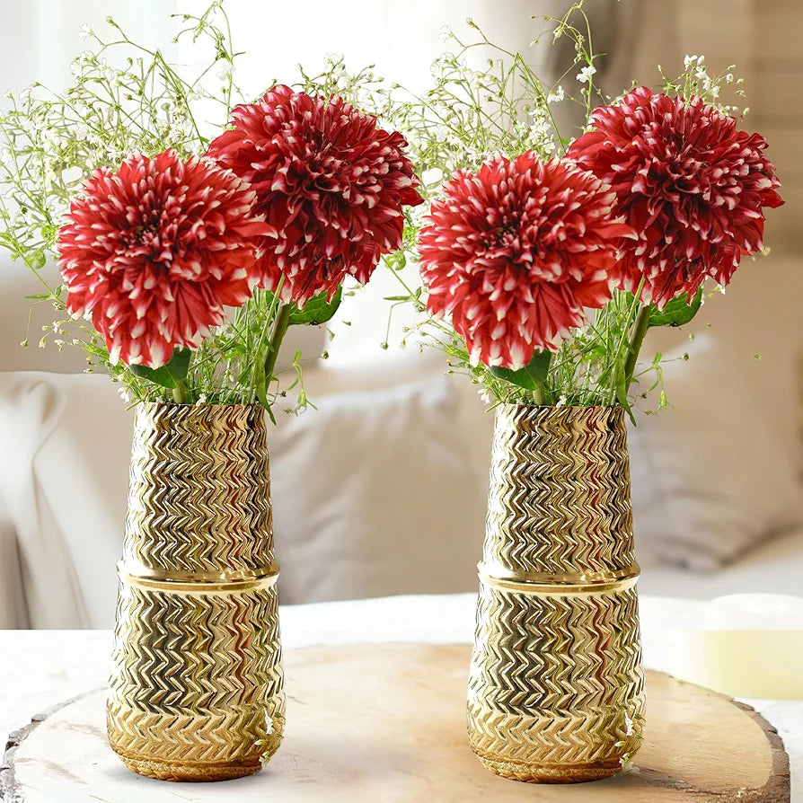 Behoma Metal Arrow Engrave Vase Golden Set of 2 Pcs Flowers not Included