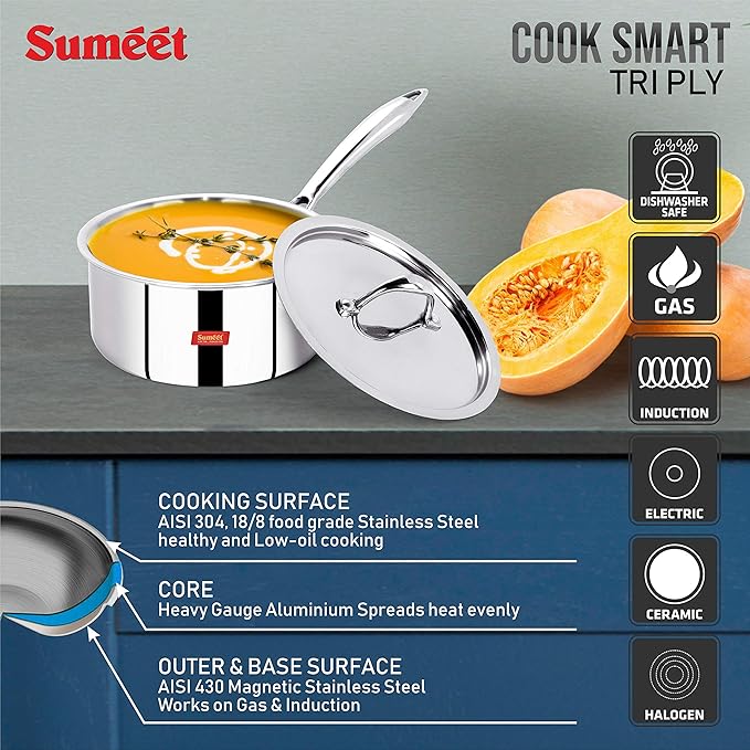 Sumeet Stainless Steel Cook Smart Triply Sas With Lid - 1700 ml- 16Cm