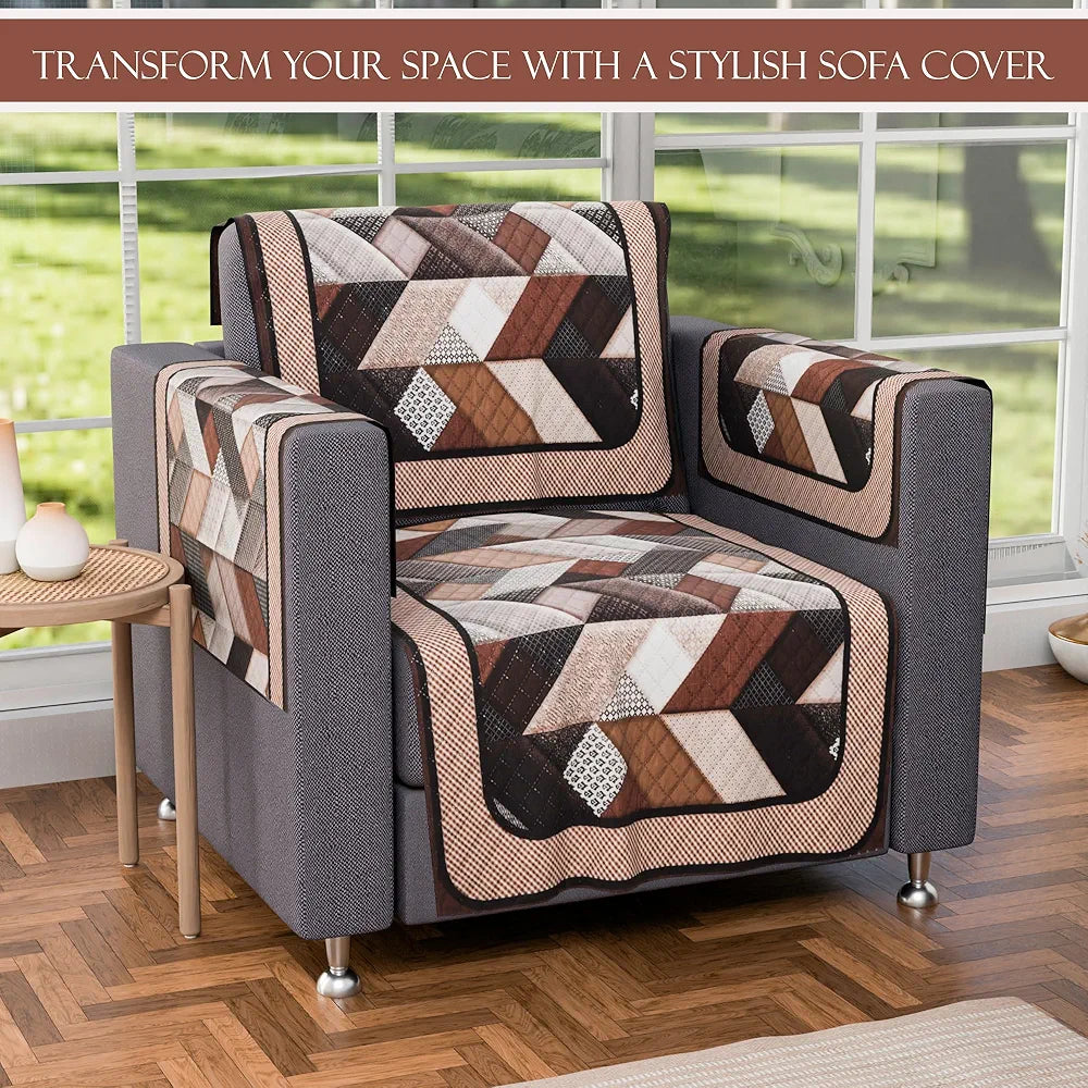 Kuber Industries Set of 16 Velvet Anti-Skid Sofa Cover 5-Seater with Arm Cover Triangular Cream & Brown