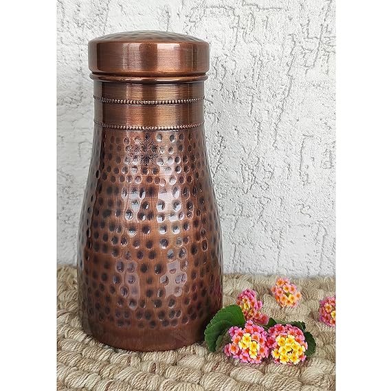 Indian Art Villa Pure Copper Bedroom Water Bottle With Inbuilt Glass Hammered Antique Design