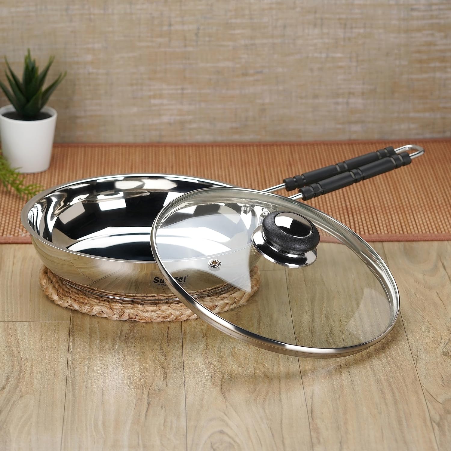 Sumeet Stainless Steel Induction Bottom Fry Pan with Glass Lid 2.250 Liter 25.5 cm Silver