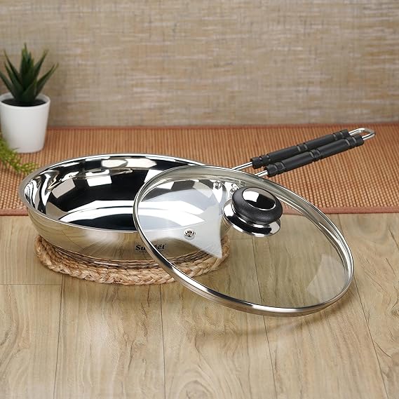 Sumeet Stainless Steel Induction Bottom Fry Pan with Glass Lid 1.7 Liter 23.5 cm Silver
