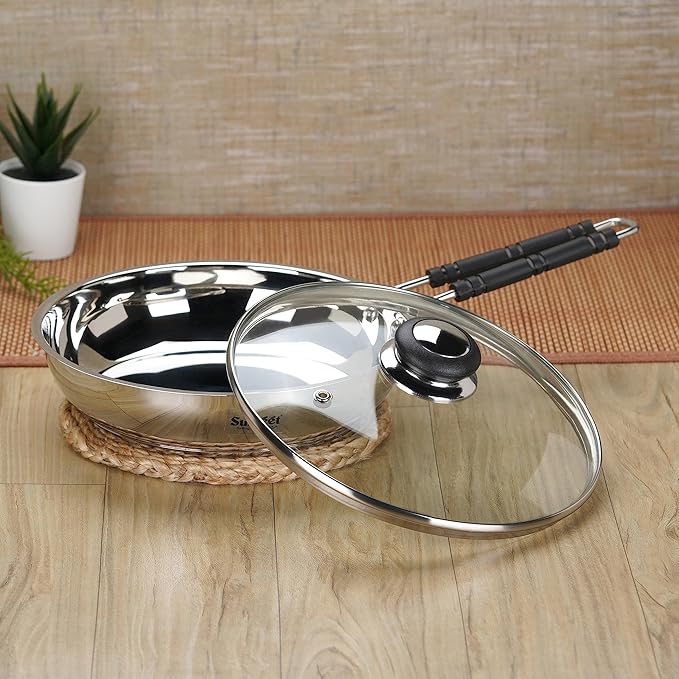 Sumeet Stainless Steel Induction Bottom Fry Pan with Glass Lid 1.250 Liter 21.5 cm Silver