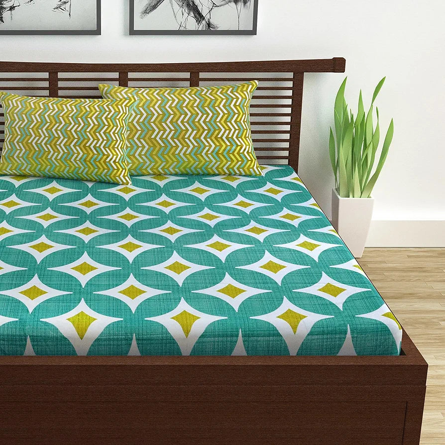Divine Casa Double Size Bedsheet for Double Bed, 144 TC Pure Cotton Queen Size with 2 Pillow Covers Geometric Colour Emerald Olive