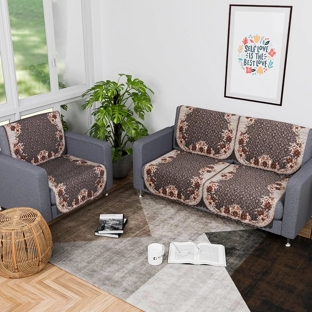 Kuber Industries Set of 6 Durable 2+1 Seater Sofa Cover Floral Print Dark Olive Green