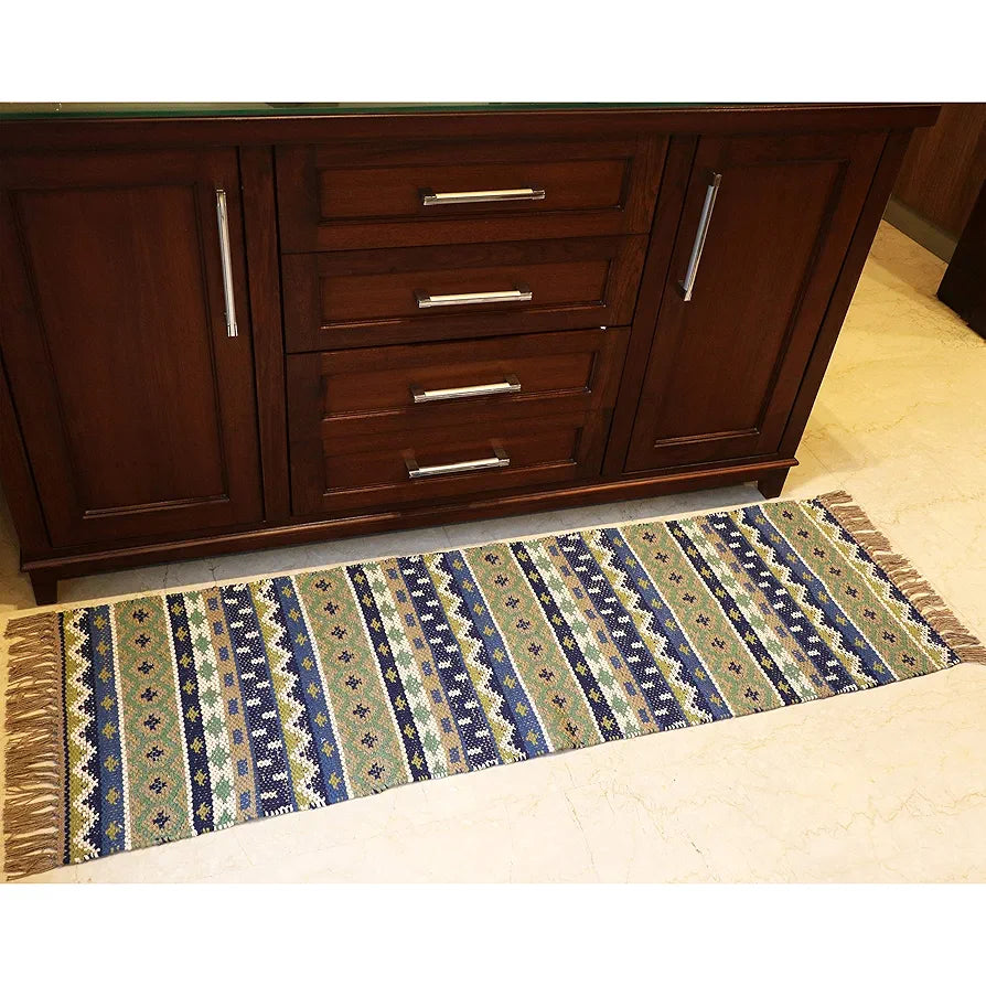 The Home Talk Handmade Cotton Carpets Tribal Contemporary Decorator Bedside Runner Beige