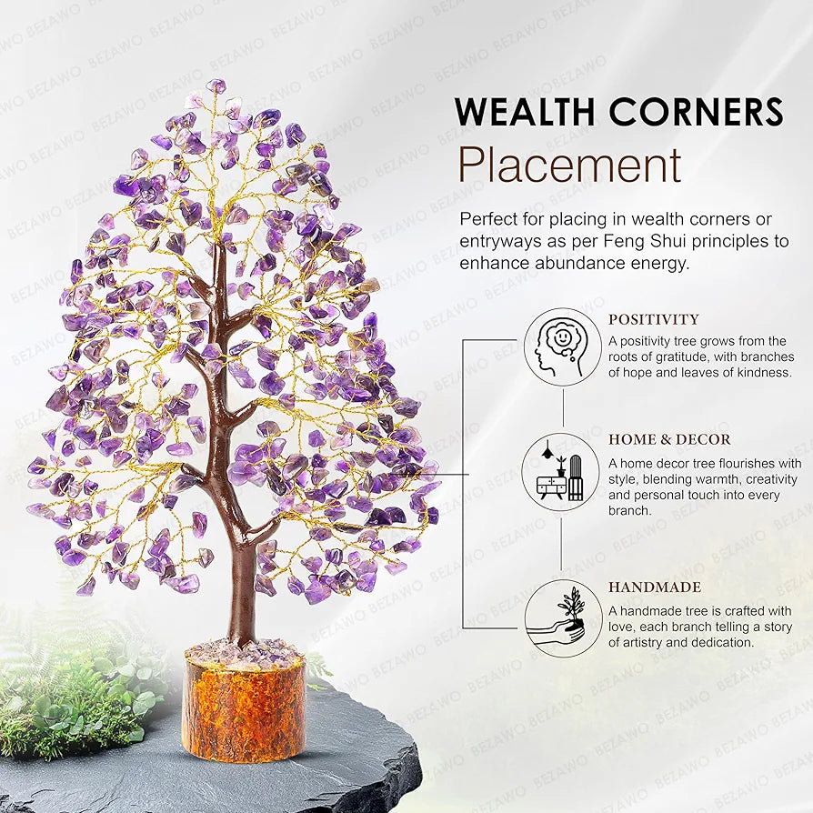 Bezavo Amethyst Gemstone Crystal Bonsai Tree – Good Luck Money Tree for Home & Office Decor  10-12 Inch