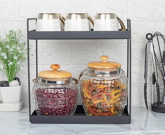 Femora Kitchen Storage Jars Embossed Glass Jar With Wooden Lid & Jute Chain Air Tight Jar | 1500 Ml | Pack of 2