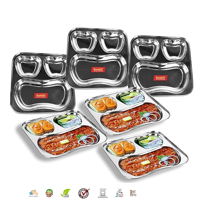 Sumeet Stainless Steel 3 in 1 Pav Bhaji Plate Plate 24.5cm Dia Set of 6pc