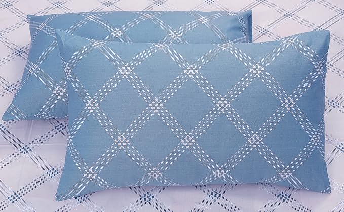 Huesland by Ahmedabad Cotton 186 TC King Size Bedsheet Cotton with 2 Pillow Covers | White & Blue