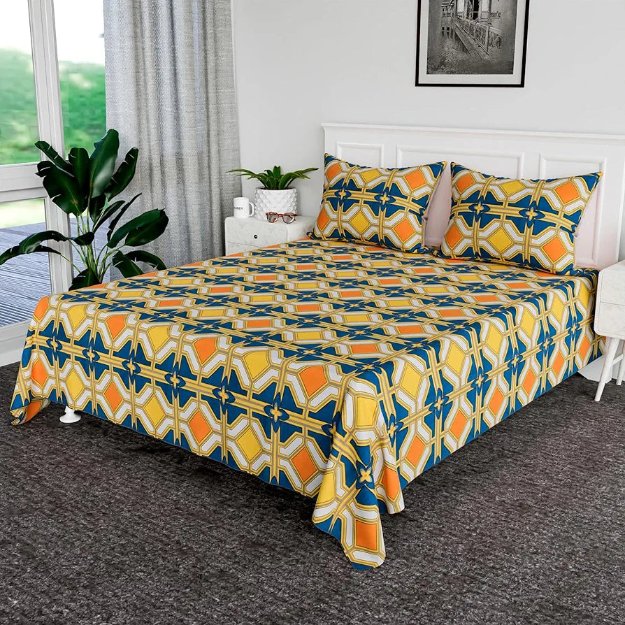 Kuber Industries Double Bedsheet Premium Cotton 120 TC Bedsheet with 2 Pillow Covers for Living Room and Bedroom Green & Orange