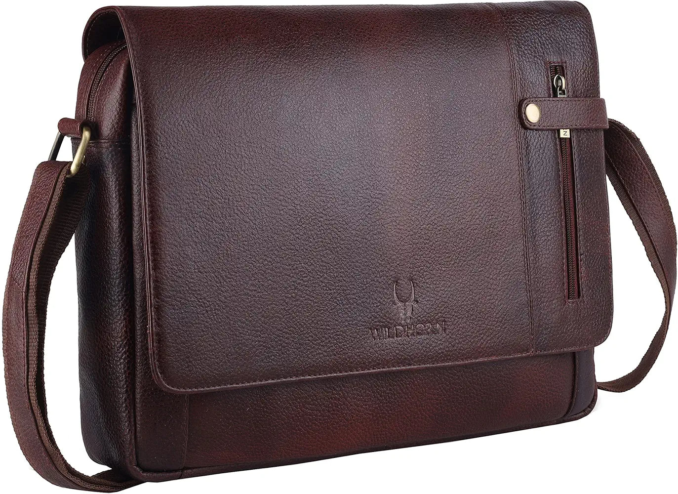 WildHorn Leather Messenger Bag for Men/Office Bag for Men I Padded Laptop Compartment with Adjustable Strap I DIMENSION : L-15 inch W-3 inch H-12 inch