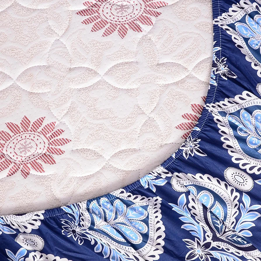 Divine Casa 144 TC Floral Blue 100% Elastic Fitted Printed King Size Double Bed Bedsheet with 2 Pillow Cover for Bedroom Colour Baja Blue