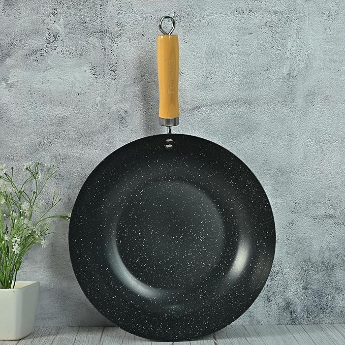 Femora Carbon Steel Wok 28 Cm With Wooden Handle | 3 Layer Non-stick Coating Wok | Black