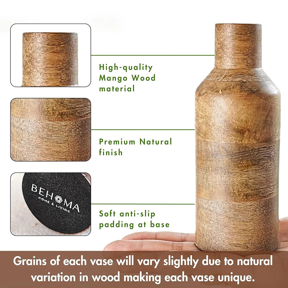 Behoma Wooden Flower Vase Set of 2 Bottle Shape Mango Wood Vases Height Natural Light Brown Flowers not Included