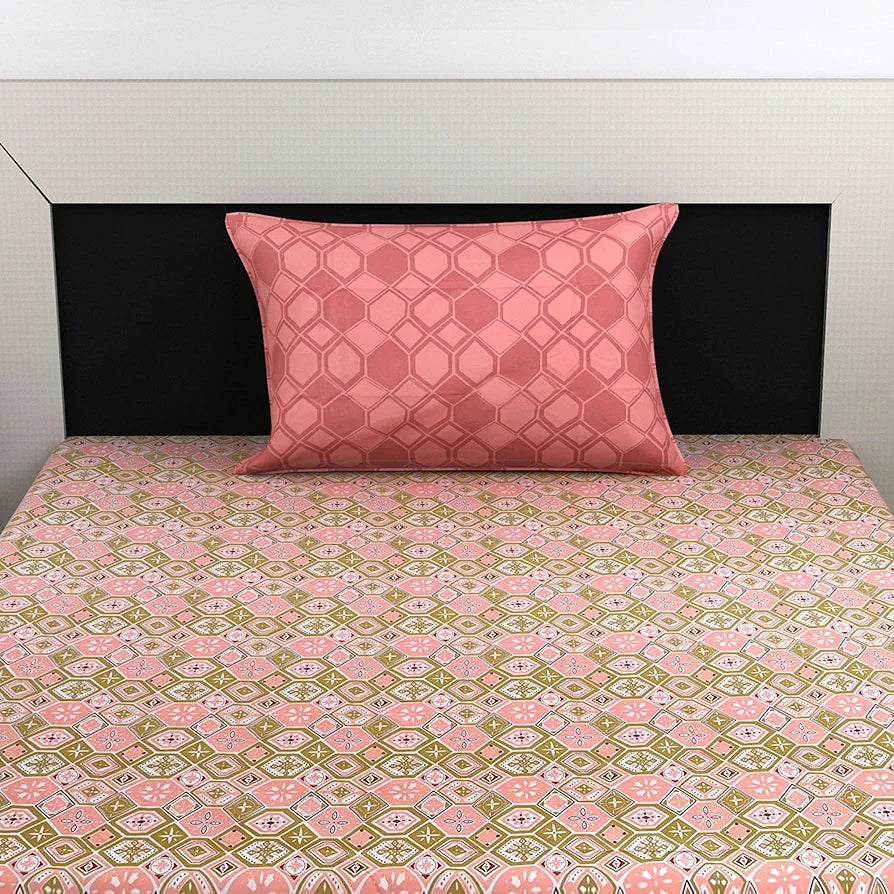 Divine Casa Pure Cotton Single Bed Printed Bedsheet with 1 Pillow Covers Nordic Hexa Pattern Colour Blush & Olive