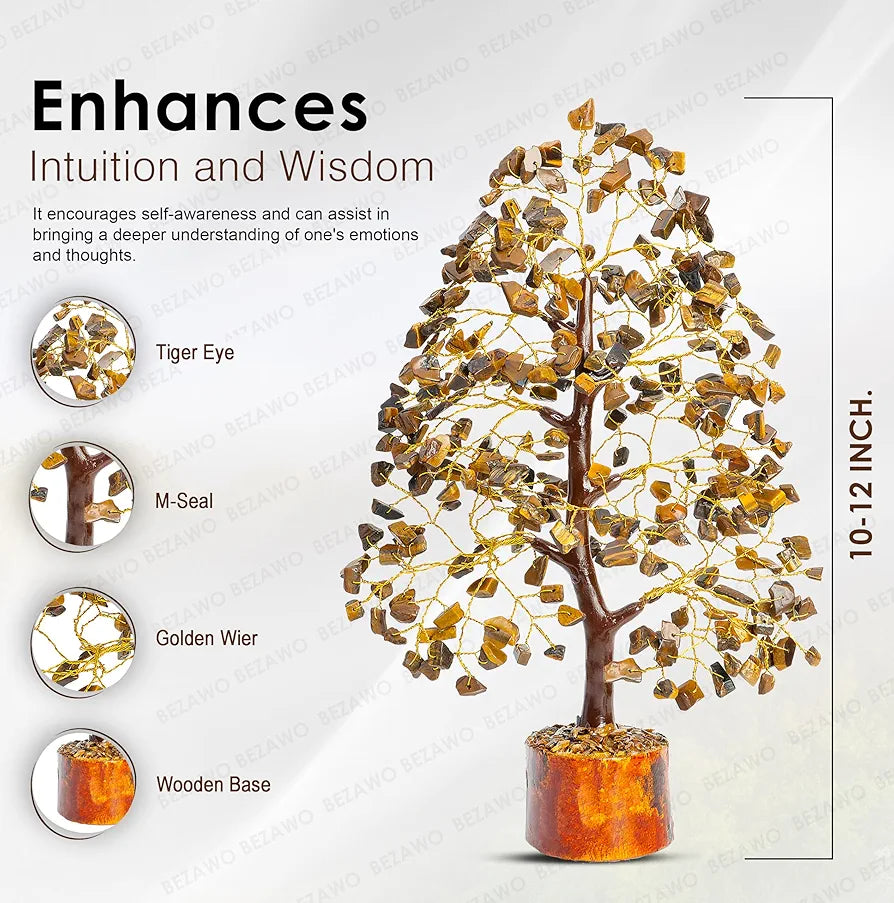 Bezavo Tiger Eye Crystal Tree of Life Golden Wire