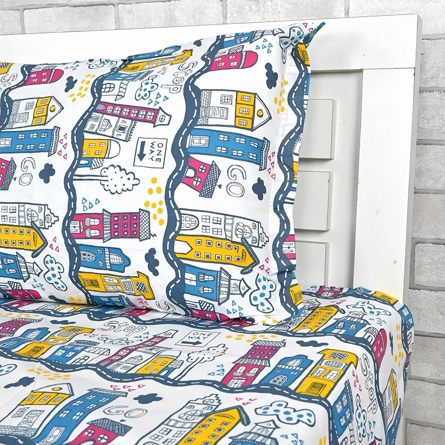 Divine Casa 144 TC 100% Cotton Single Bedsheet with 1 Pillow Cover Abstract PatternColour Heaven White