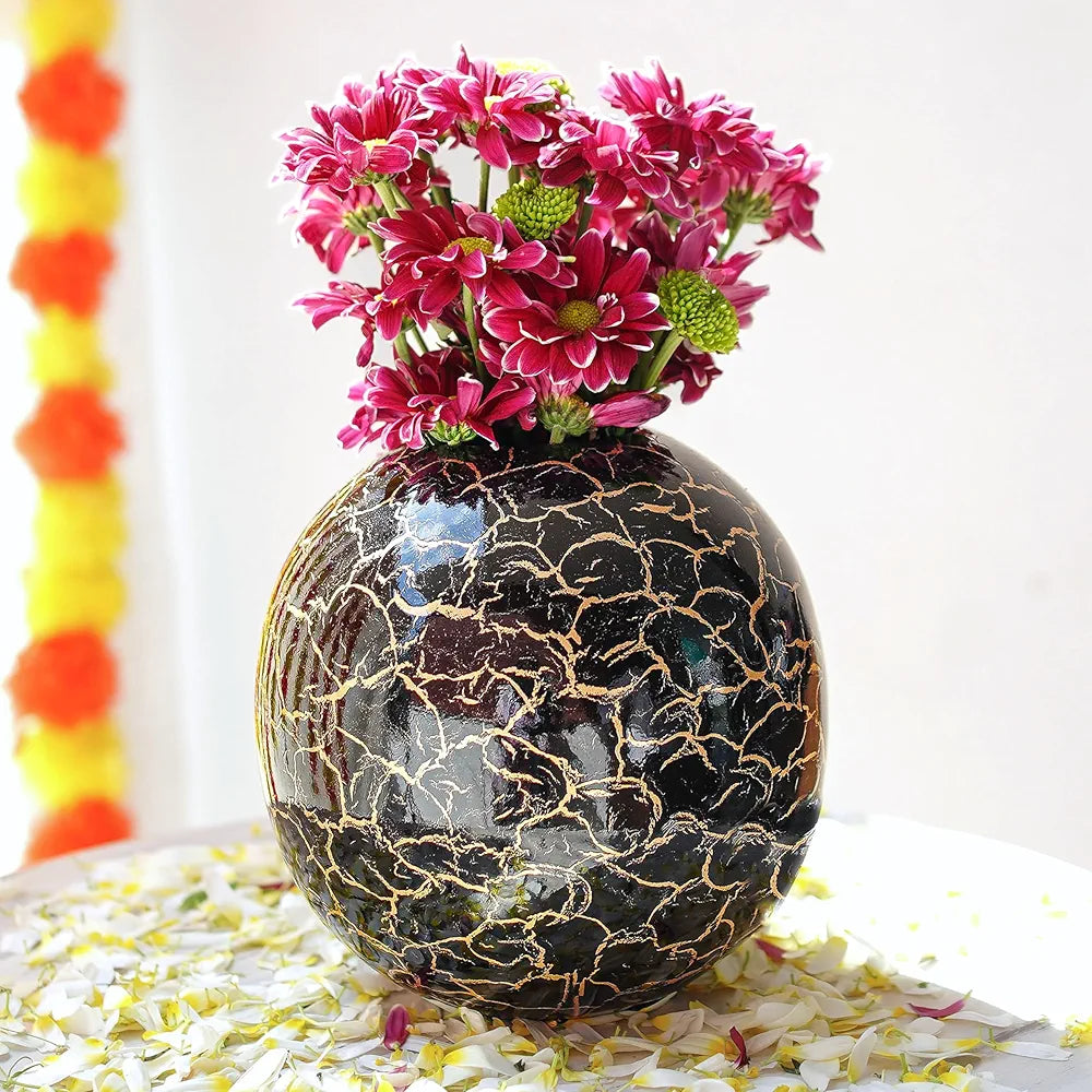 Behoma Metal Ball Vase for Home Decor Black Crackled Medium Flowers not Included