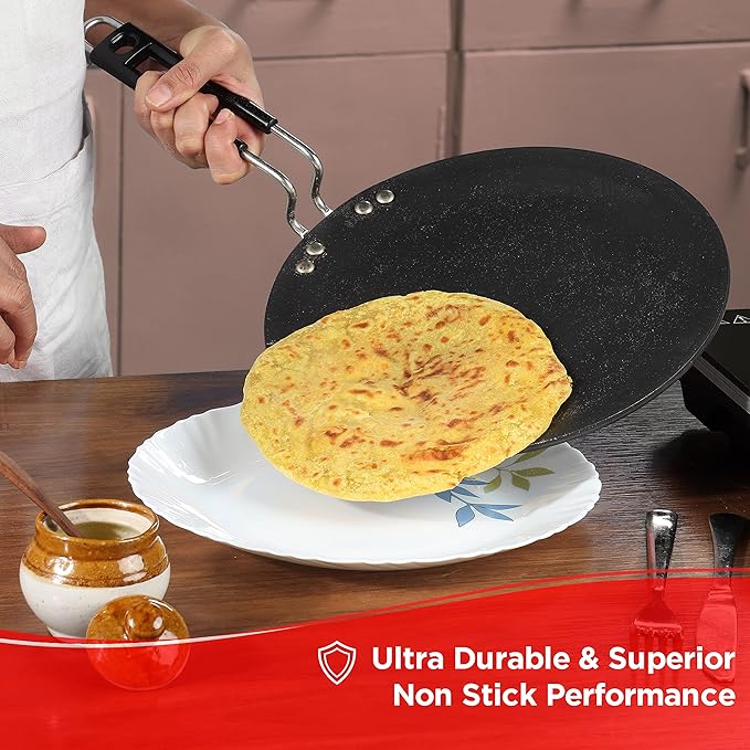 Vinod Hanos Non Stick Concave Tawa -26.5 cm | 5.25mm Thick | Roti, Chapati Tawa | Long Lasting | Riveted Handle