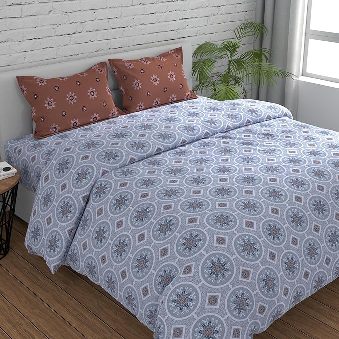 Huesland by Ahmedabad Cotton 144 TC Cotton Bedsheet for Double Bed King Size with 2 Pillow Covers | Mandala | Brown & Grey