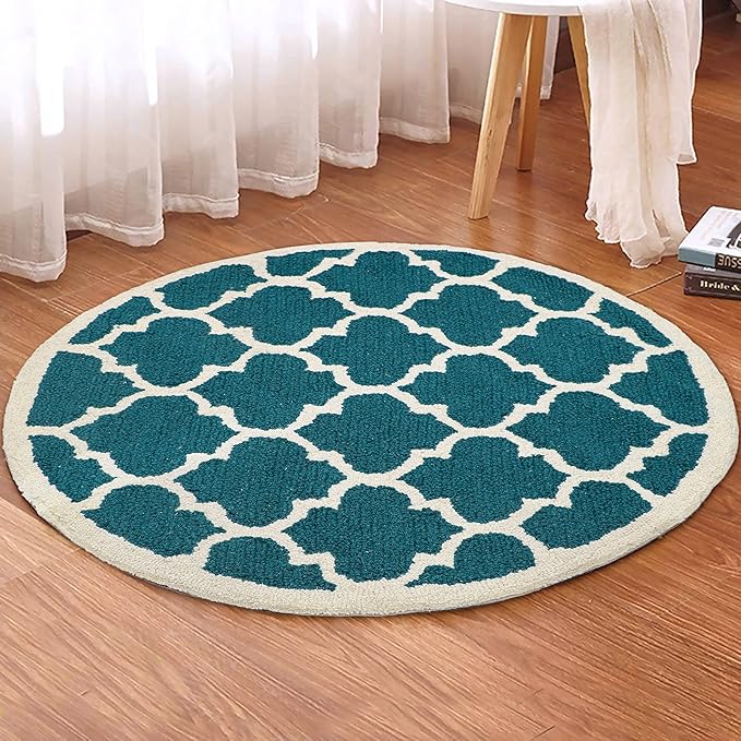 The Home Talk Tufted Round Wool Carpet Anti-Skid Backing Area Rugs for Living Room 3 Diameter Multi Rangoli